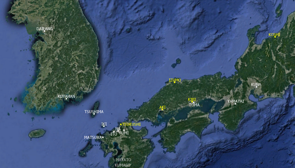 Map showing a number of sites named in the Chinese and Japanese sources.