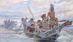 Detail from Chinook people meet the Corps of Discovery on the Lower Columbia, October 1805 by Charles M. Russell.