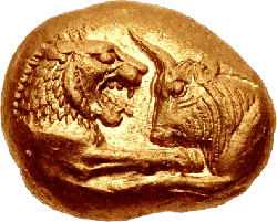 Gold coin of Croesus, Lydian, around 550 BC, found in what is now modern Turkey.