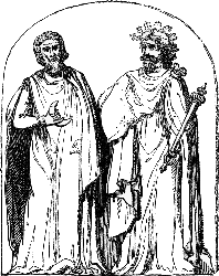 A 19th-century engraving of two druids based on a 1719 illustration by Bernard de Montfaucon, who claimed that he was reproducing a bas-relief found at Autun, Burgundy.