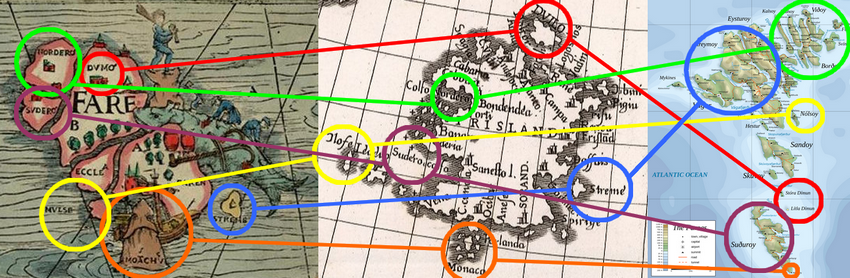 A comparison between the Faroes in the Carta Marina (left) and a modern map (right) with Frisland in the Zen map (centre).