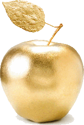 A golden apple with a leaf on a white background stock photo via iStock.