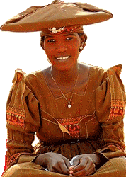 Herero woman in traditional dress by Robur.q via Wikimedia.