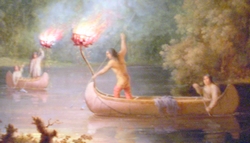 Spearing Salmon By Torchlight, an oil painting by Paul Kane. It features Menominee spearfishing at night by torchlight and canoe on the Fox River.