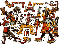 Mixtec king and warlord Eight Deer Jaguar Claw (right) Meeting with Four Jaguar, in a depiction from the pre-Columbian Codex Zouche-Nuttall.