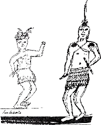 Drawing of Luiseño men in traditional dance regalia, by Pablo Tac.