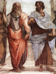 The School of Athens fresco by Raphael featuring Plato (left) and Aristotle.