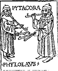 Image from Theorica musicae by Franchino Gaffurio depicting Pythagoras and Philolaus experimenting with musical pipes.
