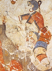 Detail of a saffron gatherer from a fresco in Building Xeste 3 at Akrotiri.