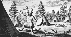 The earliest known depiction of a Siberian shaman, by the Dutch explorer Nicolaes Witsen.