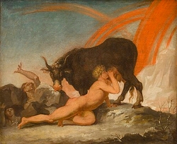 Ymir sucks at the udder of Auðumbla as she licks Búri out of the ice by Nicolai Abildgaard.